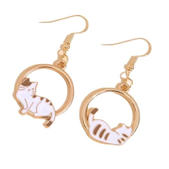 Hoop Dangling Kitty Cat Earrings - Picture 1 of 5